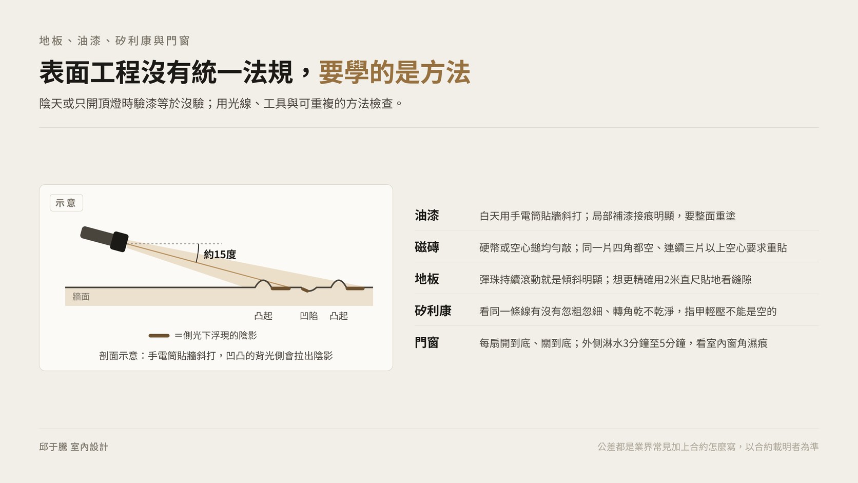 完工驗收用側光檢查油漆批土與表面工程的方法