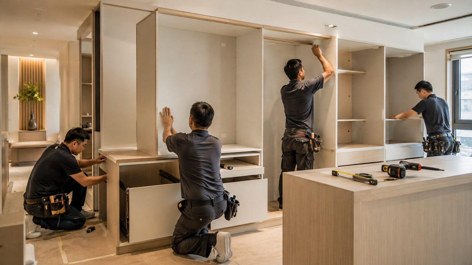 師傅現場組裝系統櫃,工期快、粉塵少