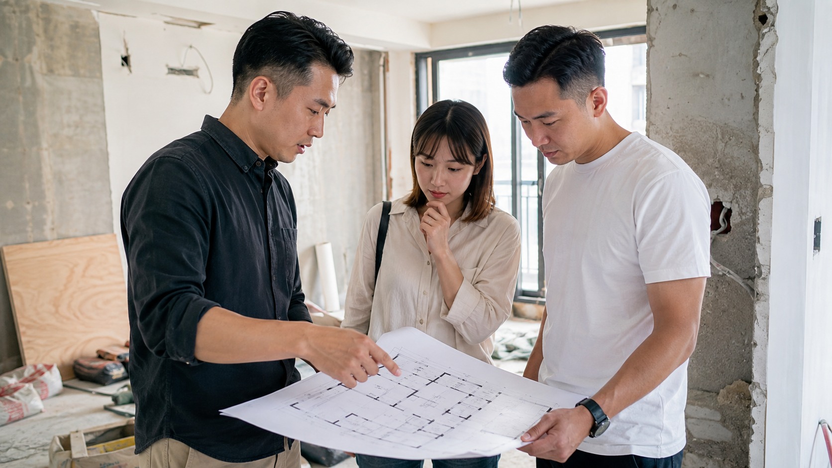 新北室內設計師與屋主現場核對圖面